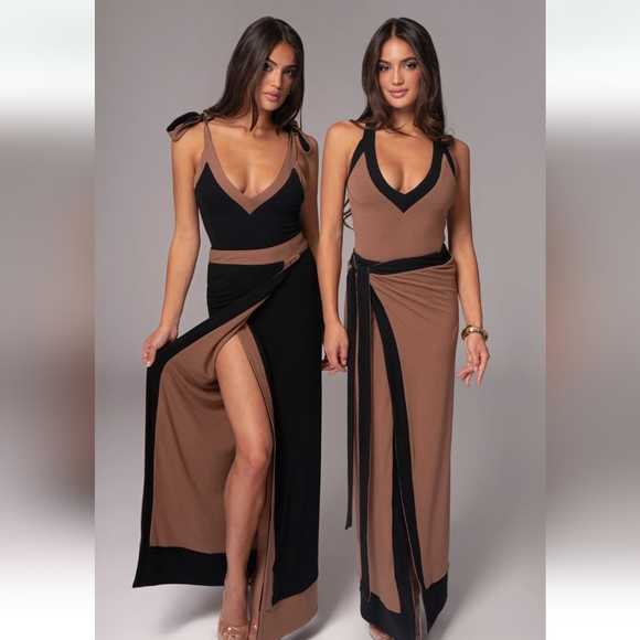 JLUXLABEL Dresses & Skirts - Colorblock V-Neck Wrap Maxi Skirt Dress - Brown/Black